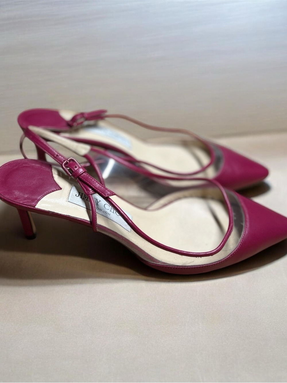Jimmy Choo Wine Red Leather Pointed-Toe Heels with Clear Trim size 36.5 - Picture 3 of 3